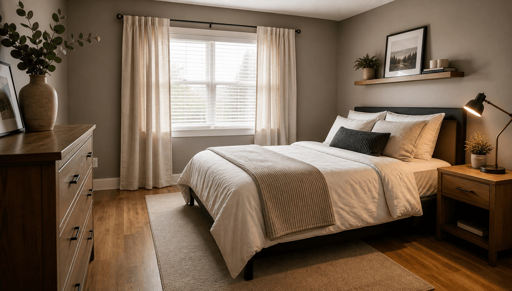 Clean bedroom reset with window treatments and finished details
