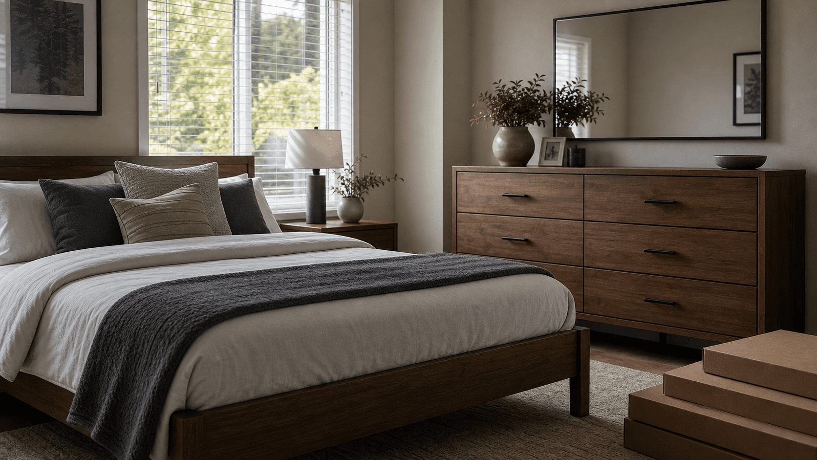 Newly assembled bedroom furniture in a finished room