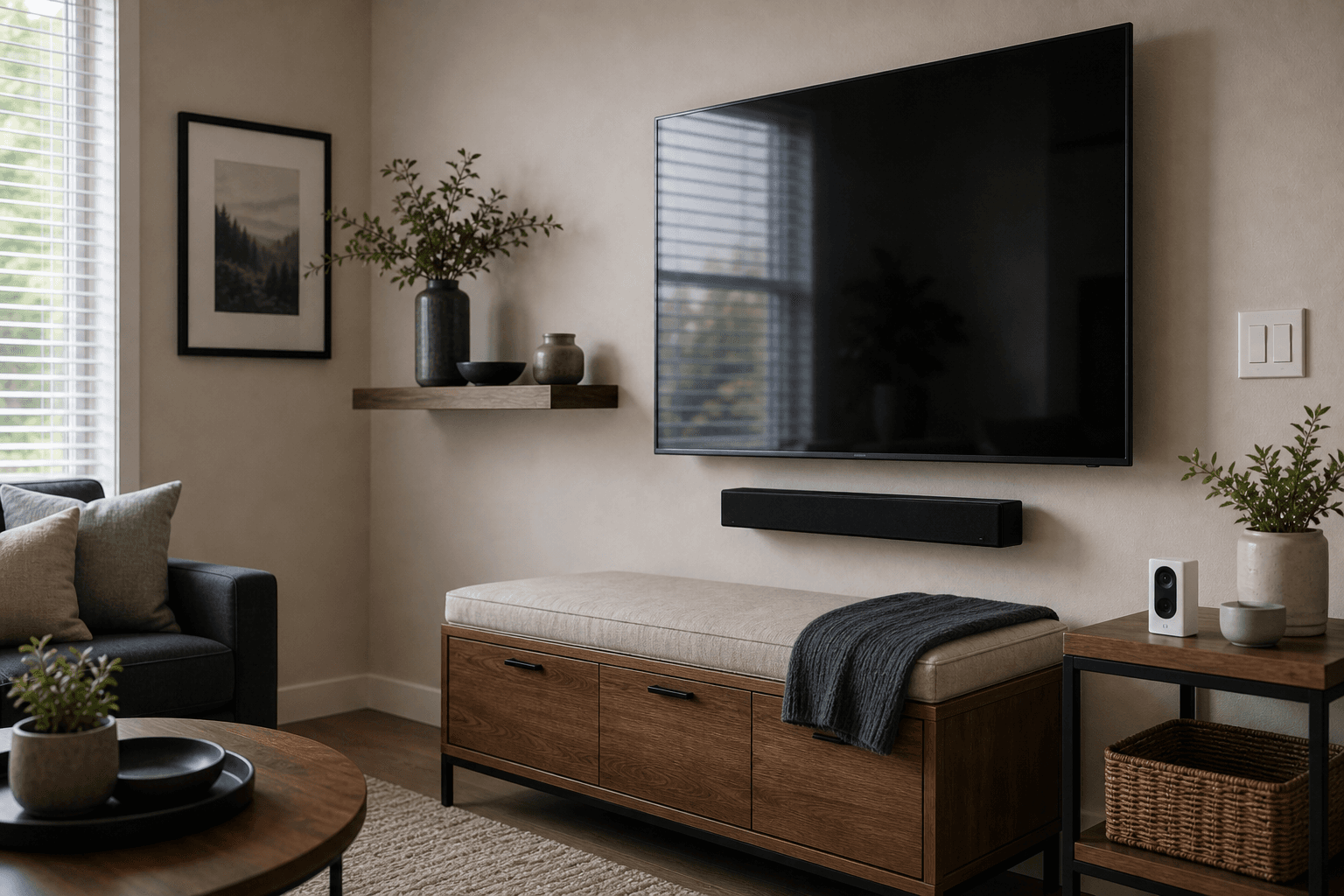 Finished living room with TV, shelf, storage, and small project details