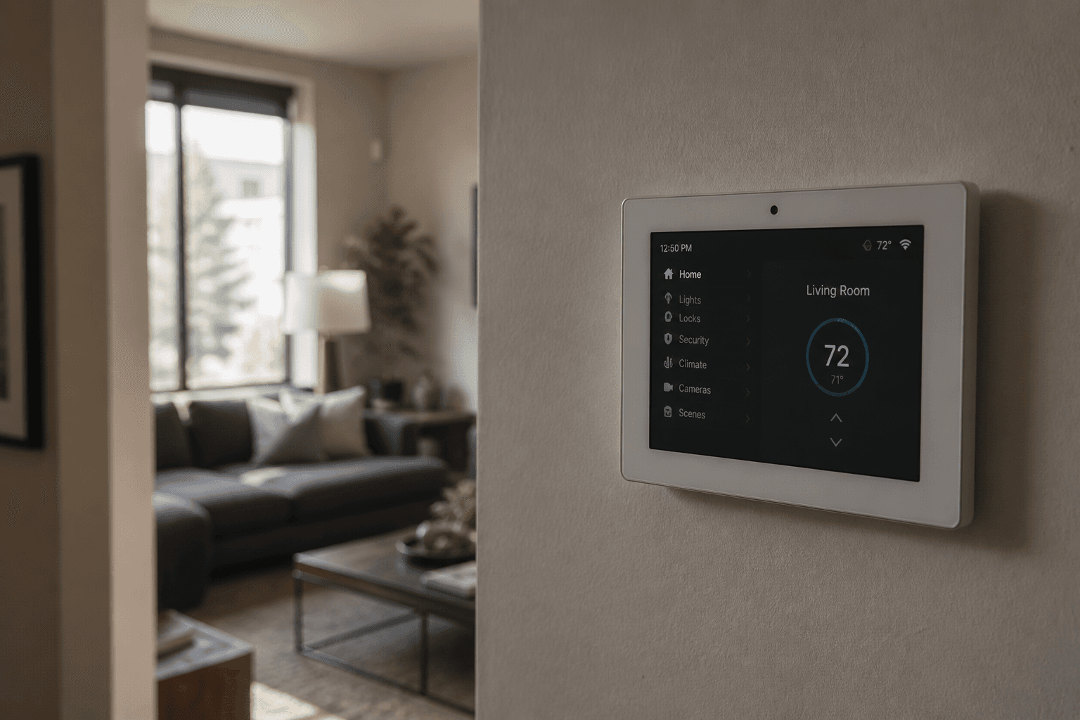 Smart home control panel in a real home interior
