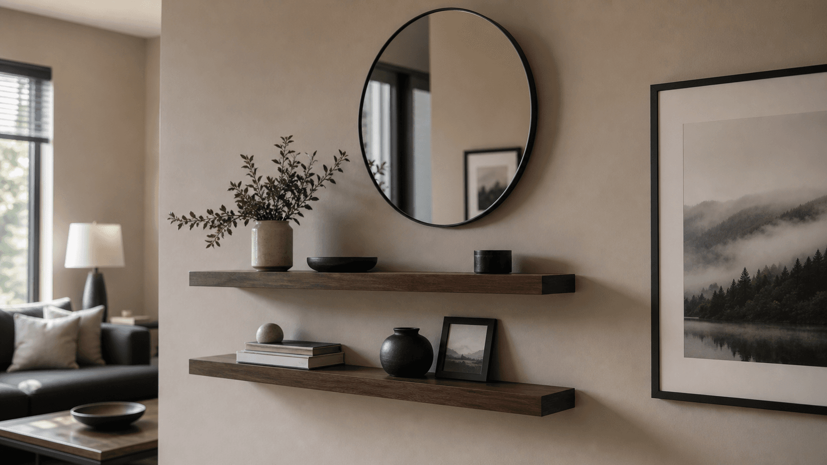 Floating shelves, mirror, and framed art mounted cleanly